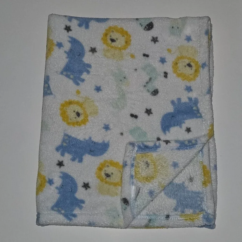 Cutie Pie Lion Zebra Giraffe Rhino Stars Fleece Baby Blanket 30x36 Blue Yellow